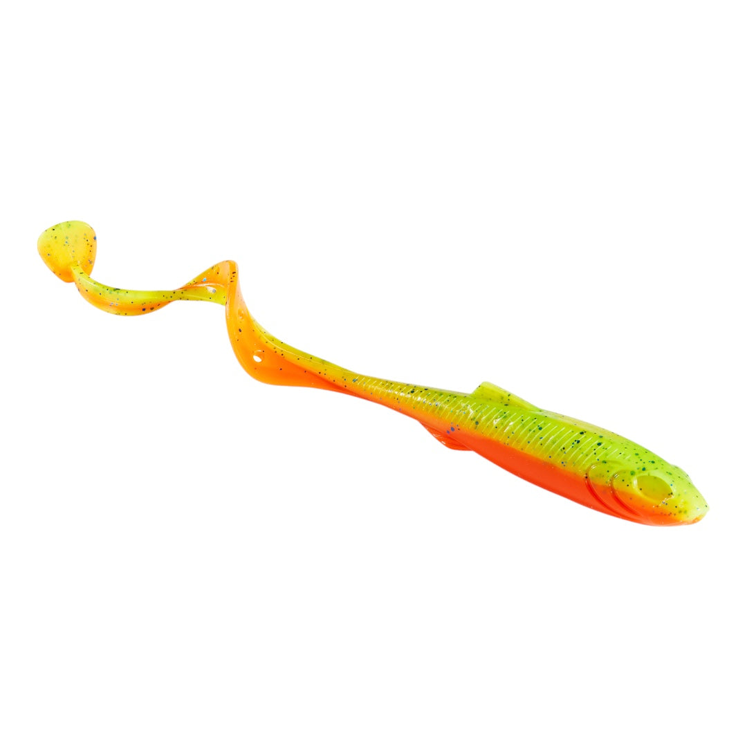 Chartreuse and orange Shadeling soft plastic lure with black flecks and a long curled tail on a white background.